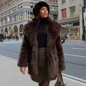 ZARA BROWN FAUX FUR COAT WITH BELT